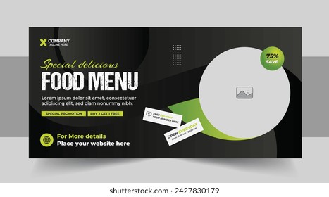 Restaurant food menu social media marketing web banner. Pizza, burger or hamburger online sale promotion video thumbnail. Fast food website background. Food flyer with logo and business icon