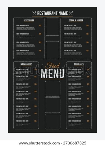 Restaurant food menu template. Chalk board style food menu design for cafe, steak house, food truck.