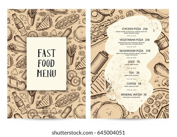 Restaurant food menu typography template. Fast food vector layout with hand drawn pizza, hot dog, chicken, sandwich, drink pencil doodles. Cafe vintage card of junk food with snack linear sketches.