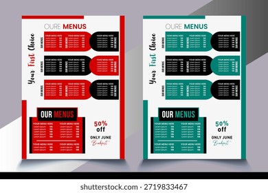 Muestra de diseño de menús de comida de restaurante