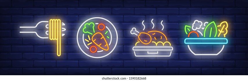 Restaurant food neon sign set. Pasta, vegetable, turkey, salad. Vector illustration in neon style, bright banner for topics like cuisine, dinner, meals, menu