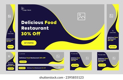 Restaurante food ofrece un diseño de banners web para publicaciones en medios sociales, deliciosos banner web de comida, vectores totalmente personalizables eps formato de 10 archivos