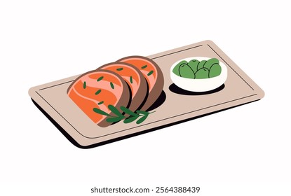 Restaurant food on board. Raw fish or meat slices with leaves of greenery and bowl of ripe olives on plate. Dish with delicious eating for lunch. Flat isolated vector illustration on white background