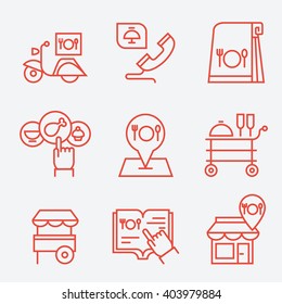 Restaurant food ordering on line icons, thin line style, flat design