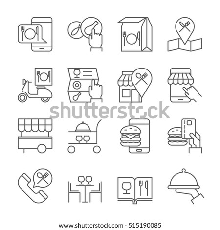 Restaurant food ordering on line icons, thin line style, flat design