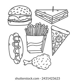 Restaurant and Food Related Objects and Elements. Hamburger, cheeseburger, sandwich, pizza, chicken.