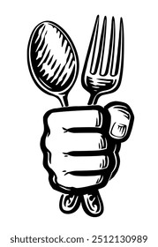 Restaurante, emblema de servicio de comida. Mano con cuchara y tenedor símbolo. Dibujo de Vector en blanco y negro