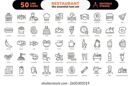Restaurant and food service icon set. Thin line editable stroke icons for menus, meals, dining, drinks, cafes, bars, delivery, culinary branding, types of food and restaurants