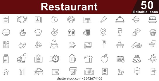 Restaurant Food Service Icon Set - 50 Editable Culinary Dining Icons for Menu, Kitchen and Hospitality Business Vector Collection