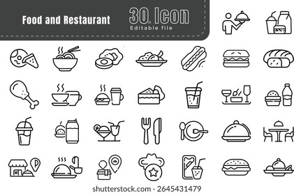 Restaurant and food service line icons set. Pixel perfect. Thin outline Editable Stroke for menus. Food Delivery, Pizza, Burger, Bread, Seafood, Vegetarian Food, Asian Food, Steak, Dessert.
