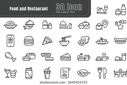 Restaurant and food service line icons set. Pixel perfect. Thin outline Editable Stroke for menus. Food Delivery, Pizza, Burger, Bread, Seafood, Vegetarian Food, Asian Food, Steak, Dessert.