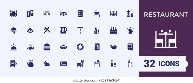 Restaurant and food solid flat icons set. Related to cooking, menu, fast food and dinner flat icon collection. Editable filled symbol pack. Pixel perfect.