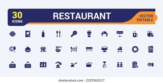 Restaurante e comida conjunto de ícones planos sólidos. Relacionado com cozinha, menu, fast food e jantar coleção de ícone plano. Pacote de símbolos preenchido editável. Pixel perfeito.