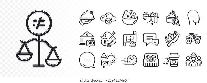 Restaurant food, Tractor and Work home line icons for web app. Glare of light effect. Message icon. Pack of Engineering plan, Fast delivery, Discrimination pictogram icons. Vector
