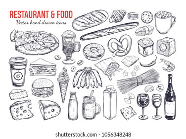 Restaurant and Food vector big set. Isolated objects in sketch style.