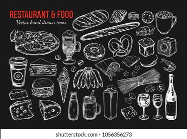Restaurant and Food vector big set. Isolated objects in sketch style.
