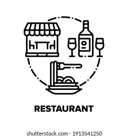 Restaurant Food Vector Icon Concept. Restaurant Fresh Cooked Meal Spaghetti And Wine Bottle With Glasses, Cafe Building For Eating Delicious Dish And Drink Alcoholic Beverage Black Illustration