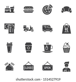 Restaurant food vector icons set, modern solid symbol collection, filled style pictogram pack. Signs, logo illustration. Set includes icons as fast food, pizza, waiter, scooter, burger, coffee cup