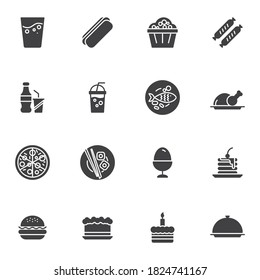Restaurant food vector icons set, modern solid symbol collection, filled style pictogram pack. Signs, logo illustration. Set includes icons as seafood, fast food, dessert, sushi roll, breakfast, drink