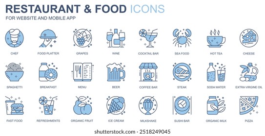 Restaurant and food web icons set in duotone line design. Pack of chef, platter, grapes, wine, cocktail bar, seafood, tea, cheese, spaghetti, menu, other outline stroke pictograms. Vector illustration