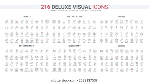 Restaurant food, winery products and best wine, entertainment line icon set. Beauty makeup and cosmetics for body and face care in salon or home thin black and red outline symbols vector illustration