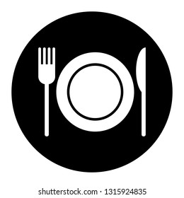 Restaurant, fork knife plate icon on black circle. White background