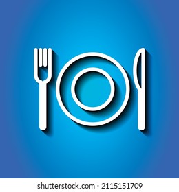 Restaurante, placa de cuchillo de horquilla icono simple. Diseño plano. Icono blanco con sombra sobre fondo azul.ai