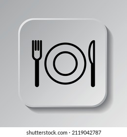 Restaurant, fork knife plate simple icon. Flat desing. Black icon on square button with shadow. Grey background.ai