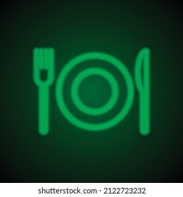 Restaurant, fork knife plate simple icon. Flat desing. Green neon on black background with green light.ai