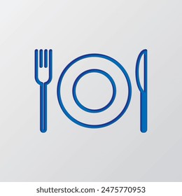 Restaurant, fork knife plate simple icon. Flat design. Paper cut design. Cutted blue symbol with shadow. Gray background.ai