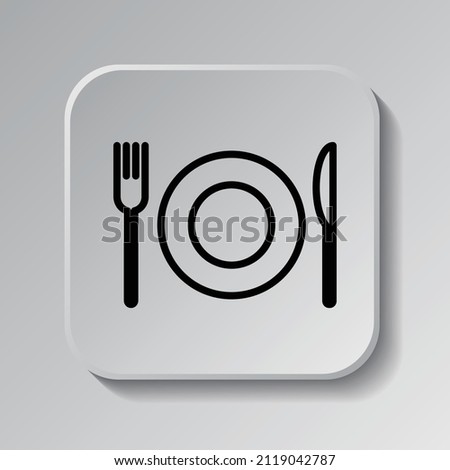Restaurant, fork knife plate simple icon. Flat desing. Black icon on square button with shadow. Grey background.ai