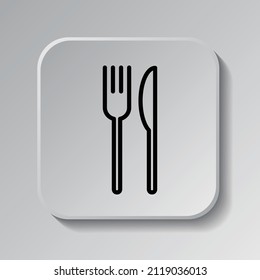 Restaurant, fork knife simple icon. Flat desing. Black icon on square button with shadow. Grey background.ai