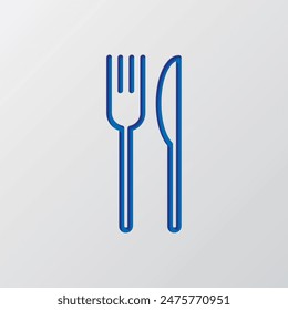 Restaurant, fork knife simple icon. Flat design. Paper cut design. Cutted blue symbol with shadow. Gray background.ai