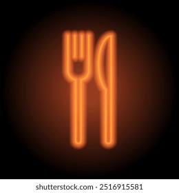 Restaurant, fork knife simple icon. Flat design. Orange neon on black background.ai