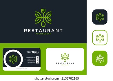 restaurant with fork and spoon line art logo design and business card