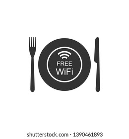 Restaurant Free Wi-Fi zone icon isolated. Plate, fork and knife sign. Flat design. Vector Illustration