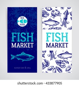 Restaurant Fresh Sea Food Menu Banners Set. Fish Market Pa?kage And Poster. Hand Drawn Sketch Vector Illustration