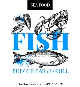 Restaurant fresh sea food menu. Fish market poster. Hand drawn sketch vector illustration