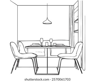 Restaurant furniture. Dinner table and chairs set. Line sketch