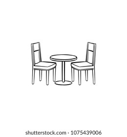 Restaurant furniture hand drawn outline doodle icon. Side view of restaurant furniture - table and chairs vector sketch illustration for print, mobile and infographics isolated on white background.
