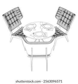 Restaurant furniture, Trendy dinner table and chairs set hand drawn outline doodle icon. Flat design. Vector sketch illustration for print, mobile graphic and infographics isolated on white background