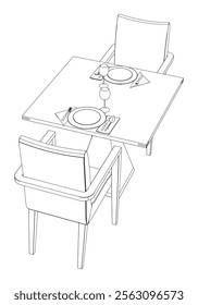 Restaurant furniture, Trendy dinner table and chairs set hand drawn outline doodle icon. Flat design. Vector sketch illustration for print, mobile graphic and infographics isolated on white background