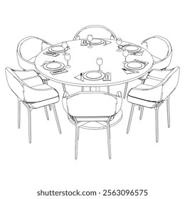 Restaurant furniture, Trendy dinner table and chairs set hand drawn outline doodle icon. Flat design. Vector sketch illustration for print, mobile graphic and infographics isolated on white background