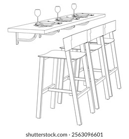 Restaurant furniture, Trendy dinner table and chairs set hand drawn outline doodle icon. Flat design. Vector sketch illustration for print, mobile graphic and infographics isolated on white background