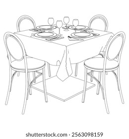 Restaurant furniture, Trendy dinner table and chairs set hand drawn outline doodle icon. Flat design. Vector sketch illustration for print, mobile graphic and infographics isolated on white background