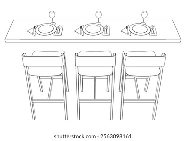 Restaurant furniture, Trendy dinner table and chairs set hand drawn outline doodle icon. Flat design. Vector sketch illustration for print, mobile graphic and infographics isolated on white background