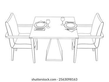 Restaurant furniture, Trendy dinner table and chairs set hand drawn outline doodle icon. Flat design. Vector sketch illustration for print, mobile graphic and infographics isolated on white background