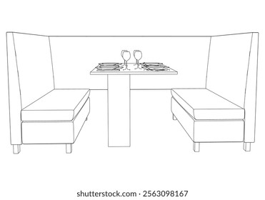 Restaurant furniture, Trendy dinner table and chairs set hand drawn outline doodle icon. Flat design. Vector sketch illustration for print, mobile graphic and infographics isolated on white background