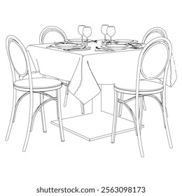 Restaurant furniture, Trendy dinner table and chairs set hand drawn outline doodle icon. Flat design. Vector sketch illustration for print, mobile graphic and infographics isolated on white background