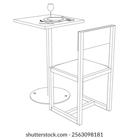 Restaurant furniture, Trendy dinner table and chairs set hand drawn outline doodle icon. Flat design. Vector sketch illustration for print, mobile graphic and infographics isolated on white background